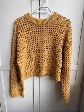 H&M Mustard Yellow Open Knit Cropped Crochet Sweater Size L Cottagecore Boho